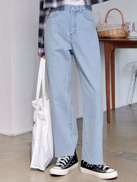 

dazy high waist frayed hem straight leg jeans j59x#, Blue