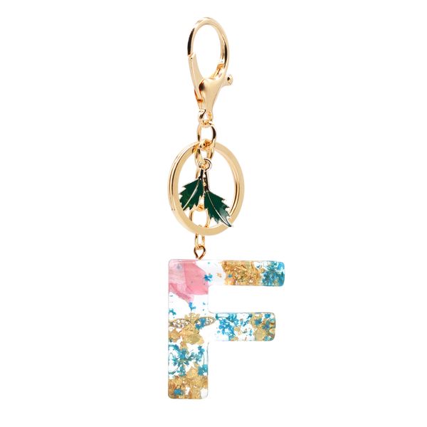 

new fashion english letter keychain resin flowers blue lace flower petal foil filling pendant key chain handbag charms for woman, Silver