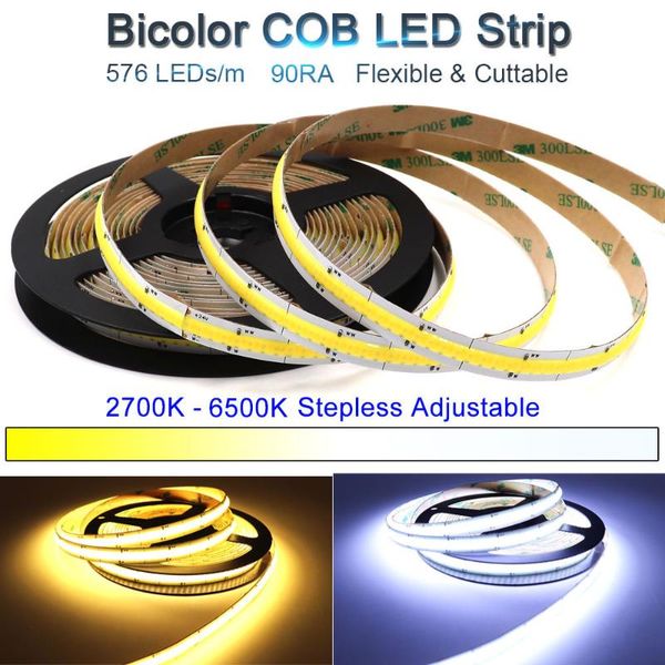 

2700-6500k lighting dimmable bicolor soft cob led strip with dimmer dc 24v fcob flexible tape yellow cool white strips