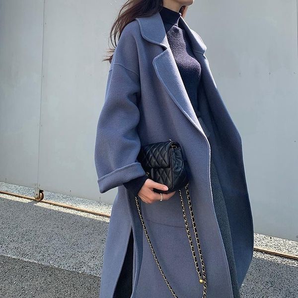 

women's wool & blends 2021 winter double-sided nylon cashmere coat medium and long high-end solid color tweed, Black