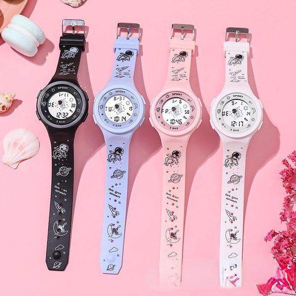 

wristwatches happy planet graffiti strap astronaut digital watch children student multifunctional luminous waterproof, Slivery;brown