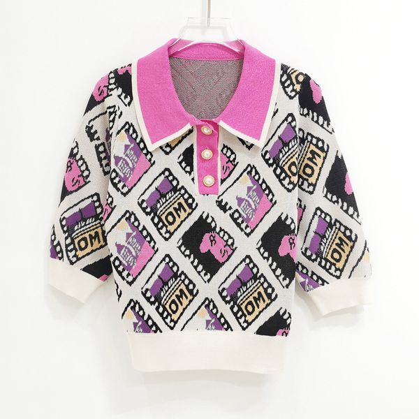 

sweater knit 2021 spring / summer color contrast half open collar film jacquard medium sleeve short women's wear, White;black