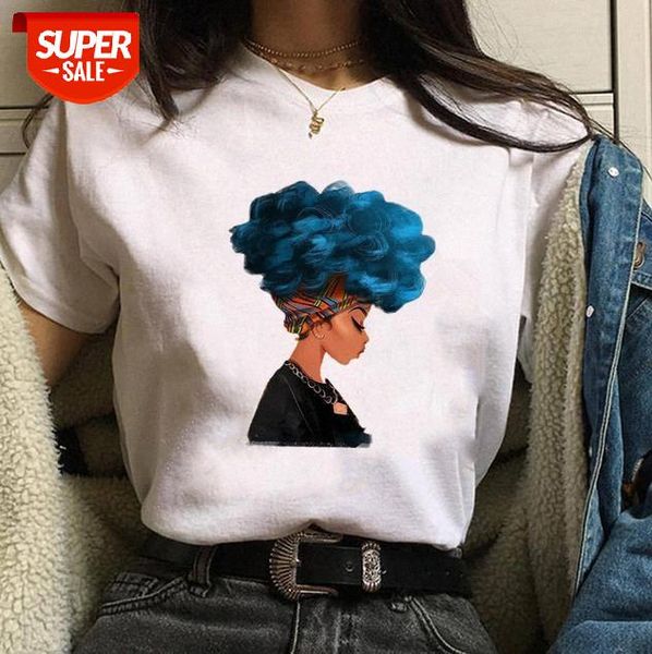 

women's bottoming shirt t-shirt african girl print fashion loose #uf3a, White