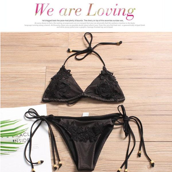 

women's swimwear black women bikini push up bra hanging neck sling open back swimsuit flower decoration bathing suit thong low waist, White;black