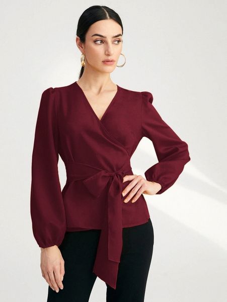 

solid surplice front belted blouse a130#, White