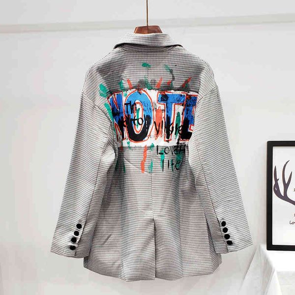 

women's suits & blazers vintage autumn chess graffiti printing blazer women chic korean pockets loose suede women's jacket outwear, White;black