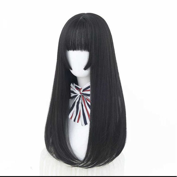 

ji women's long straight hair micro curl air bangs cover chemical fiber wig, Black