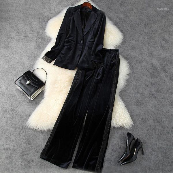 

women's tracksuits runway designer autumn winter suits women turn down collar diamonds velour jacket and pants 2 piece set outfits1 acq, Gray