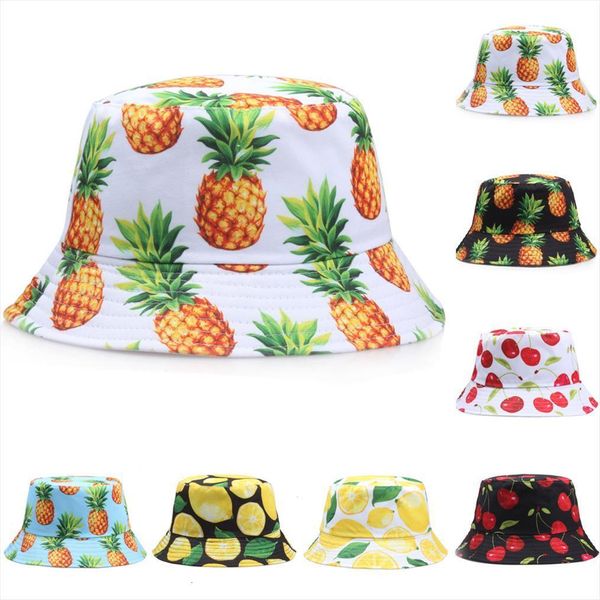 

pineapple printed double sided bucket hats for women men lemon cherry fruit summer panama cap sun fishing bob fisherman hat, Blue;gray