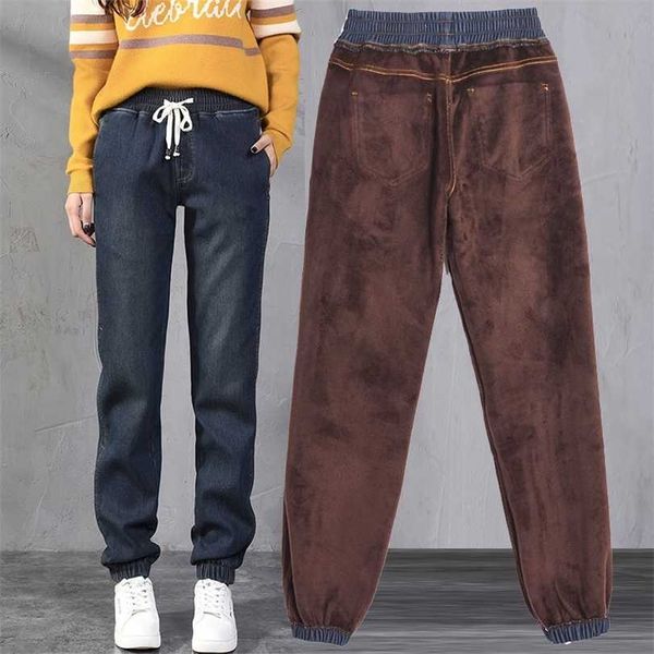

plus velvet thicken denim harem pant autumn winter lace up warm jeans woman casual long boyfriend for c6480 211118, Blue