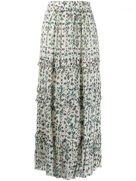 

bohemian resort-style printed cake skirt midi high waist elastic flounce detail fashion long skirts 2021, Black