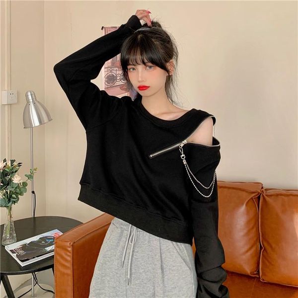 

autumn harajuku gothic zipper chain patchwork sweatshirt female punk black sweatshirts loose long sleeve women's hoodies &