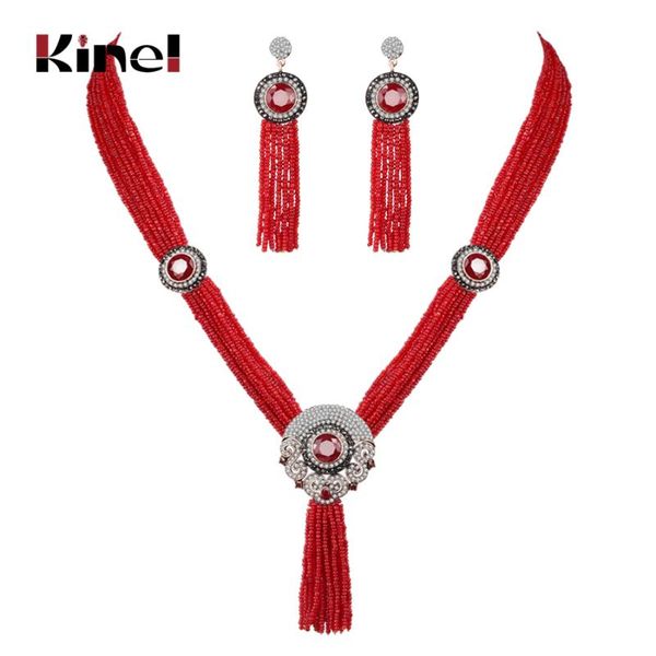 

earrings & necklace kinel vintage long tassels for women red bead multilayer chain round crystal flower bride wedding jewelry set, Silver
