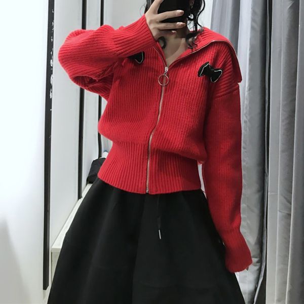 

knits lapel red women fashion sweater coat female turn-down collar up 3d bows cute cardigan knitted jacket, White