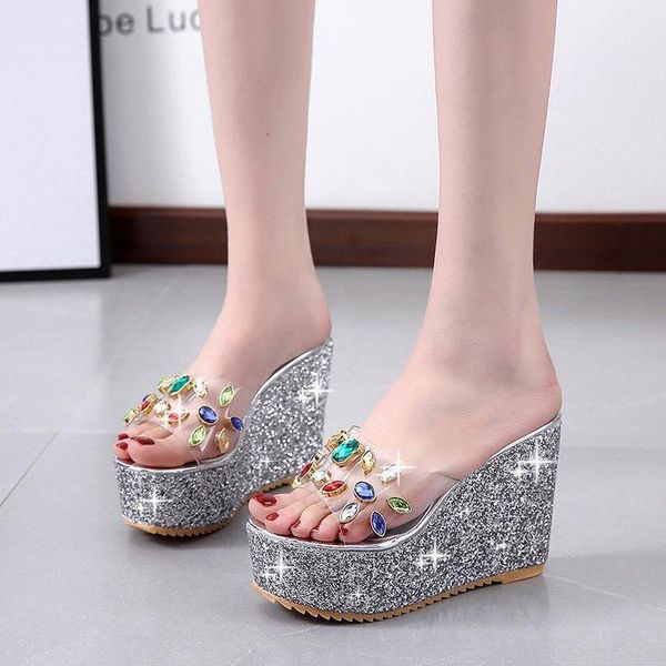 

slippers slipper women 2021 summer fashion platform sequined slope heel shoes rhinestone transparent wedges slides 40, Black