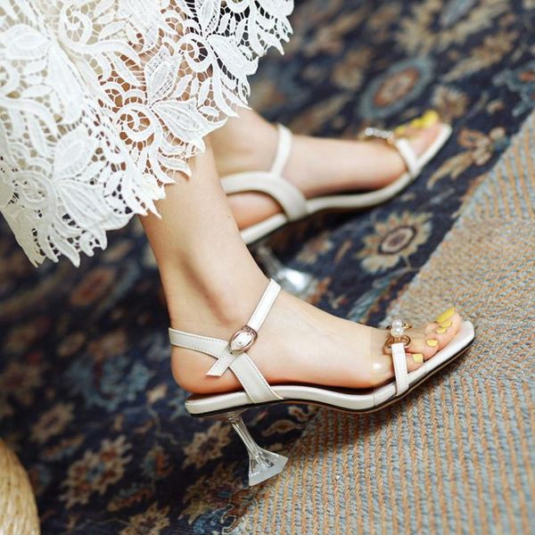 

clear crystal high heels sandals for women plus size 43 transparent heeled pearls gold metal chain shoes, Black