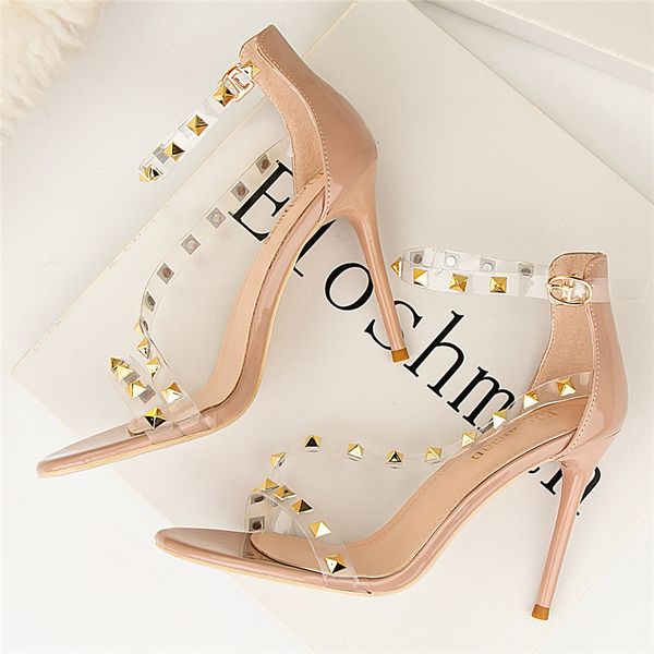

dress shoes summer luxury brand designer women 10cm high heels sandals rivet studded wedding bride nightclub nude pslf, Black