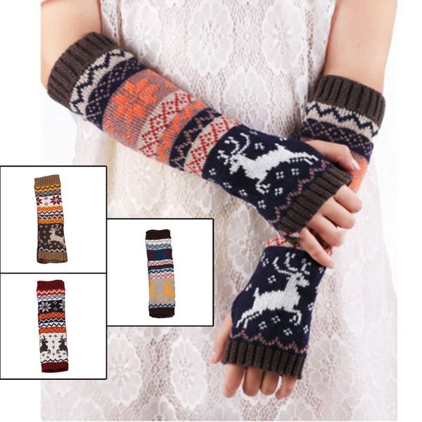 

fingerless gloves 1 pair fashion wrist warmer winter knitted soft elk printed long mittens accessories for women girl, Blue;gray