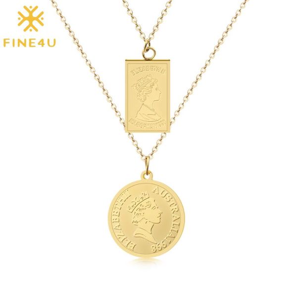 

pendant necklaces fine4u n271 double layered australia queen elizabeth ii pendants stainless steel chain necklace coin square jewelry, Silver