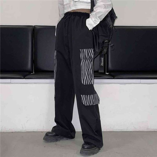 

street zebra pattern stitching women pant overalls trendy brand loose straight casual pants wear men hip hop clothes, Black