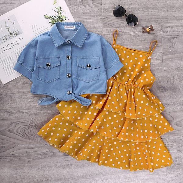 

clothing sets summer girls' denim dot dress 2pcs suit princess baby kids children clothes outfit 4 8 12 years, White