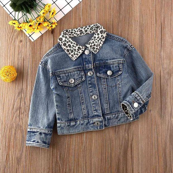 

autumn toddler baby girl clothes solid color leopard collar long sleeve button denim jacket casual outwear coat, Blue;gray