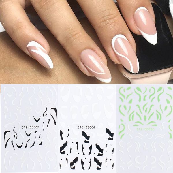 

3d graphic white black nail stickers tape wave french tips stencil manicure decals sliders nail art decoration lhq010