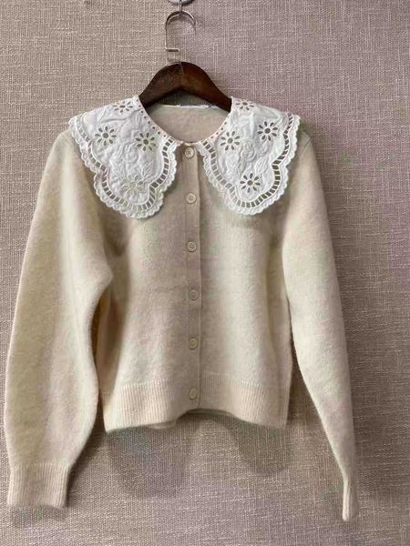 

women's blouses & shirts large lapel knitted sweater, rebecca knitted, embroidered lace, White
