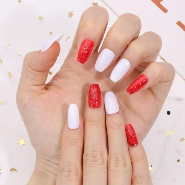 

false nails beauty almond jelly gum nail art fake ballerina shiny tip, Red;gold