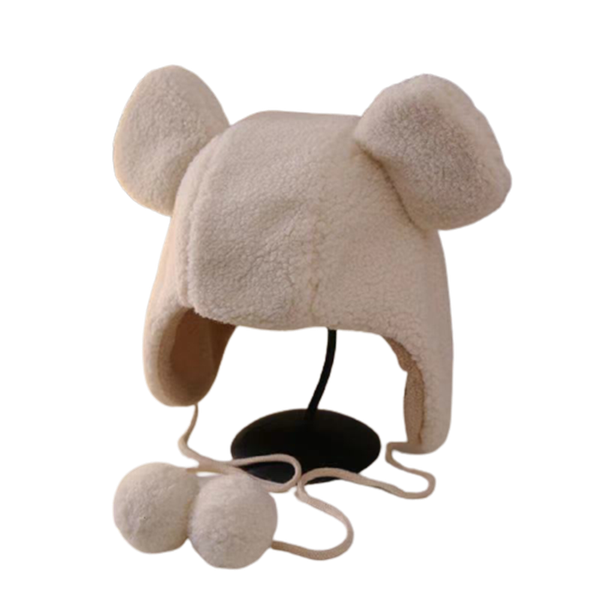 

beanies winter earflap hat cute bear ears thicken plush warm windproof cap with drawstring ball strap