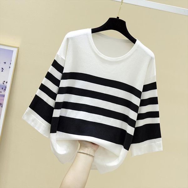 

early spring ice silk womens sweater t shirt short loose stripe 7 6 sleeve knitted base coat fashion, White;black