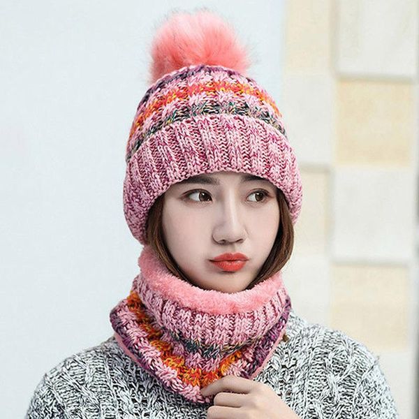 

hats, scarves & gloves sets winter women knitted hat scarf set girls woman warm beanies plush and ring mix color female lady pom cap, Blue;gray