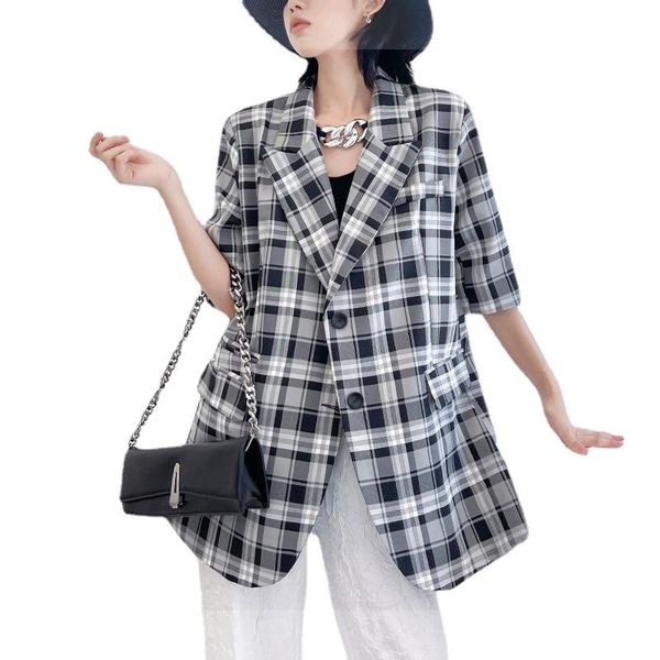 

women's suits & blazers [] women black plaid big size casual blazer lapel half sleeve loose fit jacket fashion tide spring summer 2022, White;black