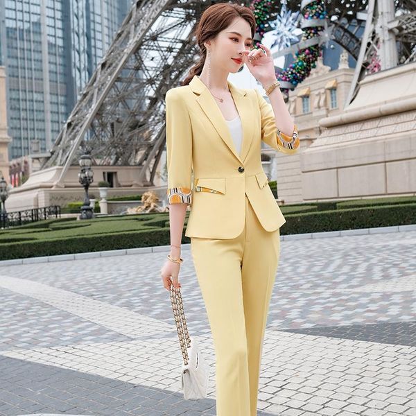 

summer ladies yellow blazer women business suits 2 piece pant and jacket sets half sleeve work uniform styles, White