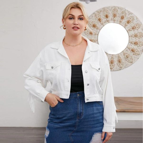 

women's jackets spring and autumn fashion tassel stitching short turn-down collar pocket jacket casual plus size denim women, Black;brown