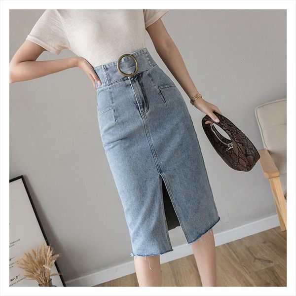 

spring summer solid denim women skirt high waist ring buckle slim pencil midi front split street jeans, Black