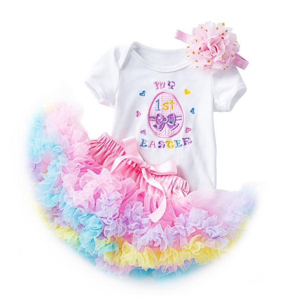 

3pcs embroidery easter born clothes set infant baby girls romper tulle skirts headbands princess ropa clothing sets, White