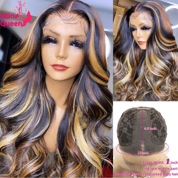 

ombre colored wig long hair human hd transparent lace frontal honey blonde highlight remy malaysian preplucked1, Black;brown