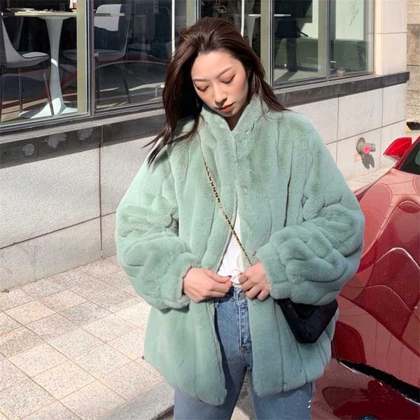 Корейская версия имитации Mink Shert Part женское меховое пальто Стенд-воротник полосатый плюшевый пальто 211019