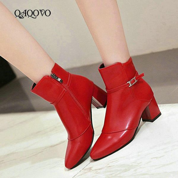 

boots women fall winter comfort square heel ankle fashion zipper with buckle lady pointed toe shoes black red pink