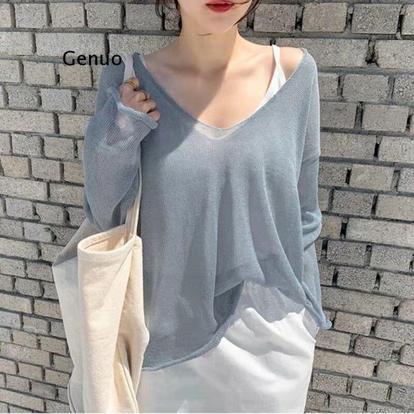 

women's blouses & shirts women casual v neck knitted blouse solid loose ladies batwing sleeve see through shirt female, White