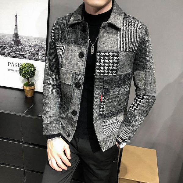 

men's wool & blends 2021 korean casual men stitching jacket slim fashion warm long-sleeved plaid gentleman pockets coat, Black