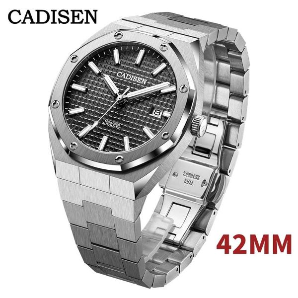 

wristwatches cadisen 42mm men watches mechanical automatic nh35a blue watch 100m waterproof casual business wristwatch, Slivery;brown