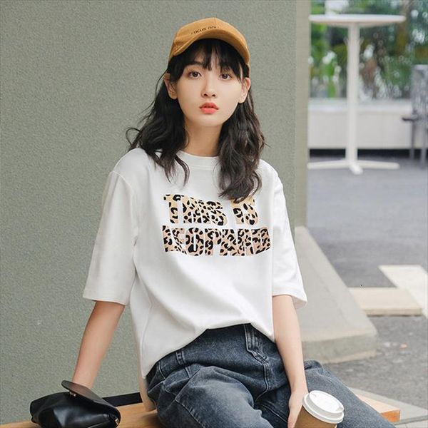 

leopard print spring summer women t shirts tees casual o neck short sleeve harajuku cool letters shirt female, White
