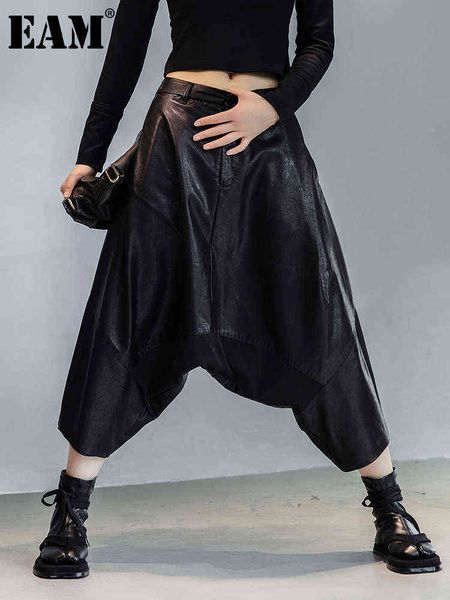 

[eam] high elastic waist black leather long harem trousers loose fit pant fashion spring autumn 1de3072 211124, Black;white