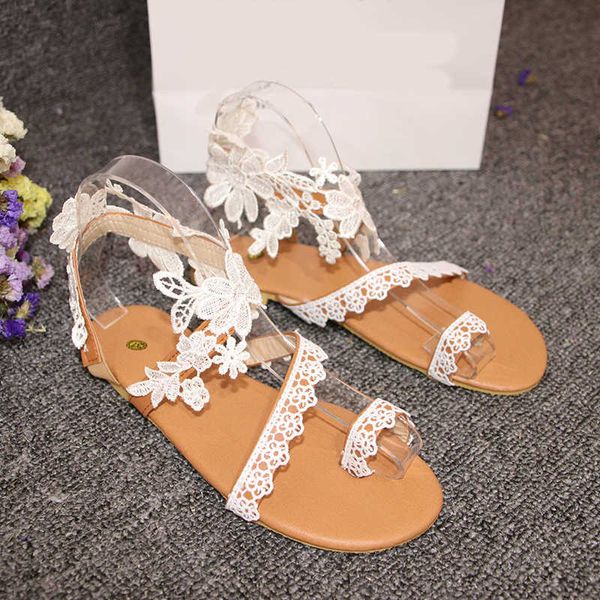 Sandali con tacco piatto Donna Pizzo Plus Size Peed Toe Estate Scarpe femminili Fashion Open Toe Flower Beach Back Strap X0728