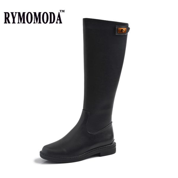 

boots rymomoda retro women's handmade cow leather low heel knee high chunky boot with metal buckle and zipper wholesale, Black