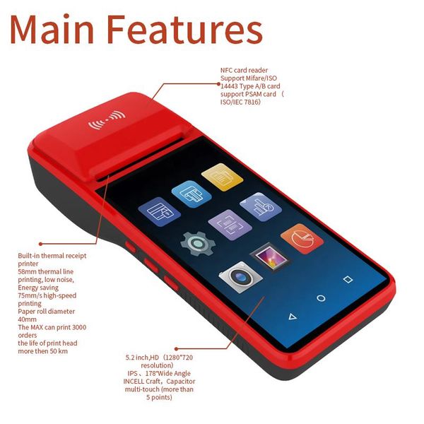 

terminal handheld machine thermal printer receipt bill touch screen wireless wifi bluetooth android 58mm printers