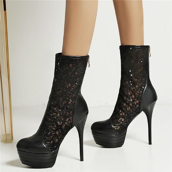 

boots summer mesh mid-calf for women platform high heels short shoes 2021 ladies black white lace party