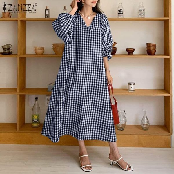 

casual dresses 2021 autumn elegant midi dress women's plaid check vestidos fashion v neck robe lady oversized long sleeve a line, Black;gray